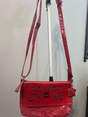 M.C. Red Embossed Floral Appliqué Western Crossbody Bag